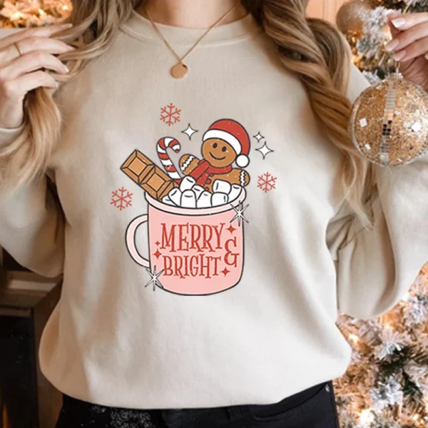 Gingerbread Retro Merry Sweatshirt Christmas Shirt Cute Xmas Sweater Women Holiday Shirt Unisex Long Sleeve Casual Sweatshirts
