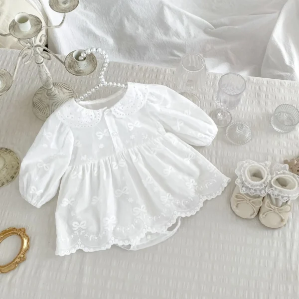 Ins 0-2 Year Old Baby Girls Autumn Dress Solid Long Sleeve Infant Girls Princess Dress Knotbow Embroidery Newborn Girl Dress