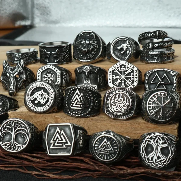 Vintage Viking Vegvisir Compass Rings for Men Stainless Steel Nordic Odin Valknut Amulet Totem Viking Ring Jewelry wholesale