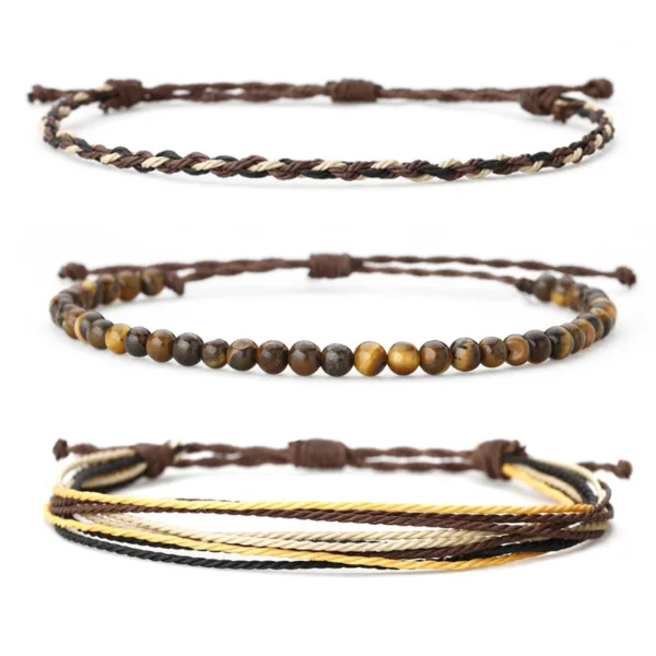 3PCS Wax Bracelet Set for Women Men Waterproof, Tiger Eye African Turquoise Beaded Friendship Bracelets Gifts for Best Friend
