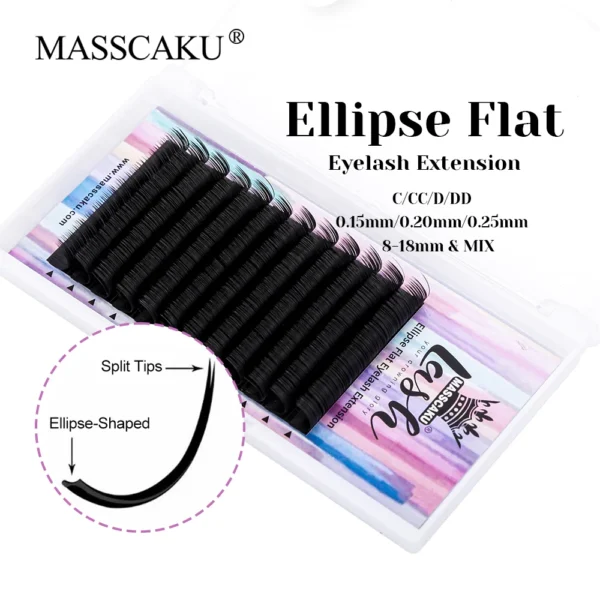 Hot Sale MASSCAKU 0.15/0.20/0.25mm Thickness Ellipse Flat Lashes Long-lasting Double Split Tips Shaped Eyelash for Beauty Salon