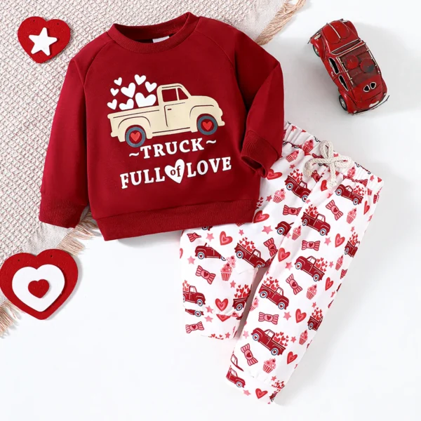 Valentine's Day Baby Hoodies Set 0-3Y Newborn Girls' Cartoon Heart Printed Pullover Suit Toddler Boys Sweatshirt and Pants 2Pcs