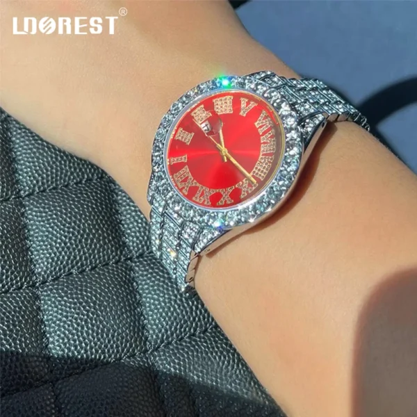 Red Women Watch Iced Out Roman Quartz Watches For Women Luxury Brand Bling Full Rhinestone Men Woman Clock Hiphop Party Jewelry