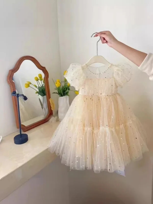 MILANCEL Girls' Summer Princess Dress 2-8Y Star Moon Sequin Mesh Puff Sleeve Korean Style Dress Birthday Children's Clothing