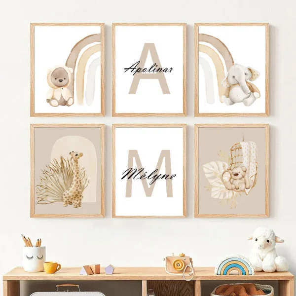Nordic Custom Baby Name Posters Cartoon Little Bear Rabbit Letters Wall Art Canvas Painting and Print Picture Kids Bedroom Decor