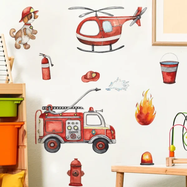 Cartoon Cars Firefighting Fire Safety Equipment Wall Stickers for Kids Baby Boys Bedroom Living Room Nursery Decor Decals DIY