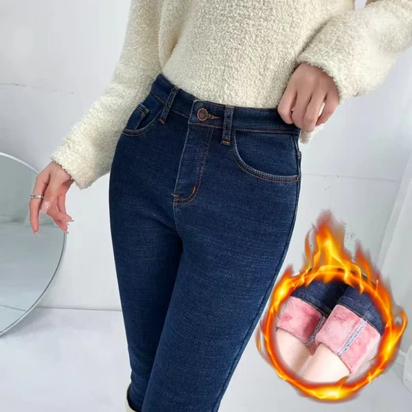 New Women Thermal Stretch Jeans Winter Warm Fleece Stretchy Lined Denim Pants Leggings Blue Black Female Slim Pants Trousers