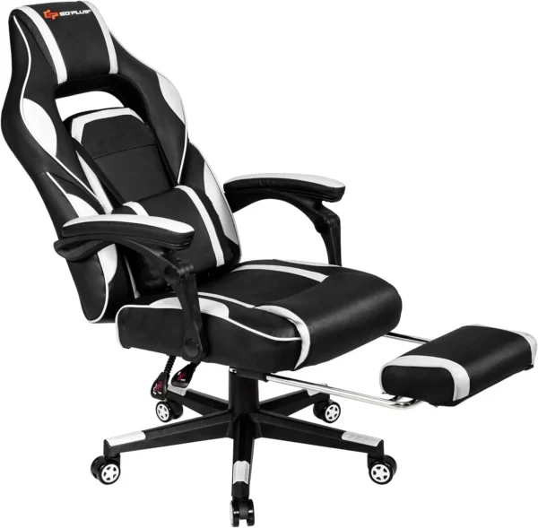 Gaming Chair Adjustable High Back PU Computer Chair w/ Footrest Massage Lumbar Headrest Thick Armrest Rolling Swivel Desk Chair