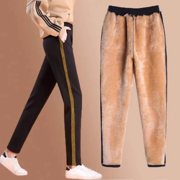 Fleece Lamb Wool Plush Pencil Pants Drawstring Thick Sweatpants Gold Trimmed Black Casual Long Pant Woman Clothes Winter Sporty