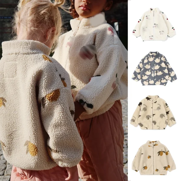 24 New KS Boys Girls Fleece Coat Swan Lemon Dinosaur Cherry Jacket Thickened Kids Winter Coat Girls Outfit