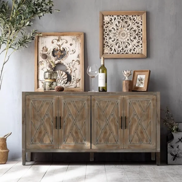 60” Mid Century Console Table With Doors And Cabinet Sofa Table Wood Sideboard With Adjustable Shelves, Accent Table For Entrywa
