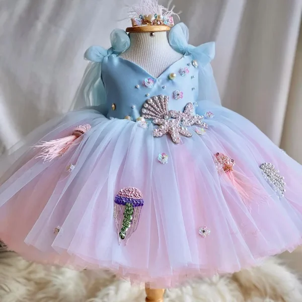 Girls Lolita Princess Skirt 1-10 Year Baby Flower Pearl Bow Strap Fluffy Skirt Carnival Birthday Party Wedding Flower ChildDress