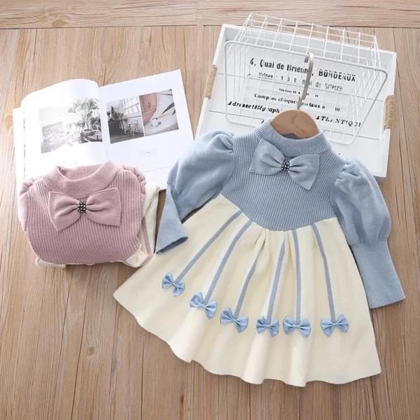 2025 Spring Autumn Children Girls Dress Puff Sleeves Round Collar Kid Girl Frock Patchwork Bow Contrast Baby Girl Princess Dress
