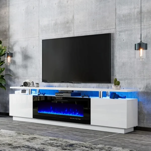 80" Fireplace TV Stand, Modern High Gloss Finish Media Console W/ 40" Electric Fireplace, for TVs Up To 90" W/ LED Lights, White