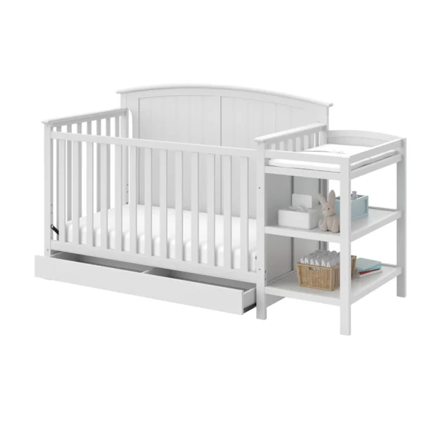 Steveston 5-in-1 Convertible Crib and Changer with Drawer (White) – GREENGUARD Gold Certified, Crib and Changing Table Combo wit