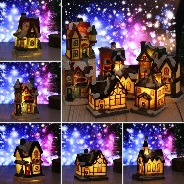 LED Christmas Light House Lighting Miniature House Home Xmas Christmas Village Resin Furniture House Decorate Christmas Party