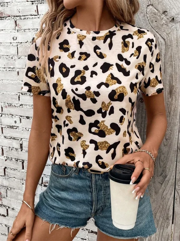 Urban Fashion Women's Leopard-print Short-sleeved Top Summer Daily Casual Women's Crew-neck T-shirt Outdoor Street Elegant Top
