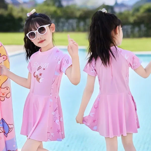 Korean Fashion Printed Swimsuit for Children, Cartoon Bunny Swimsuit, Teen Vacation Hot Spring Swimwear, One Piece Swim Dress