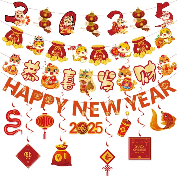 Happy New Year 2025 Decoration Banner Hanging Spiral Year of the Snake Chinese Spring Festival Party Decoration Supplies