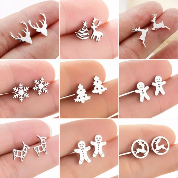 Fashion Cute Stainless Steel Deer Antler Earrings for Women Christmas Jewelry Snowflake Gingerbread Man Earings Piercing Gifts