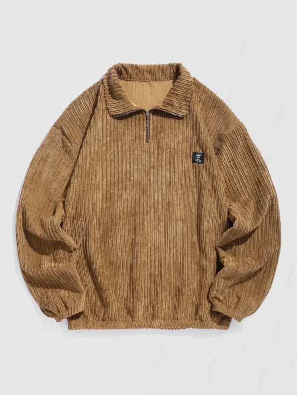 ZAFUL Men's Striped Patch Design Quarter Zip Stand Collar Corduroy Sweatshirt