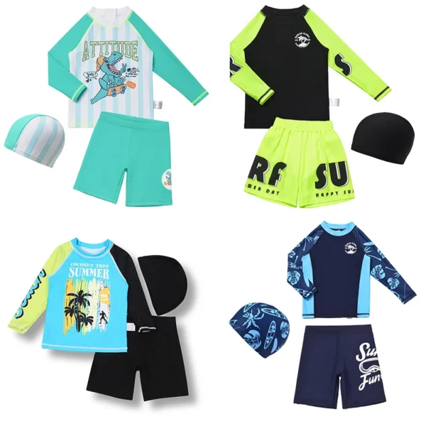 3 Pcs New Boys Swimsuit Sun Protection UPF 50+ Long Sleeve Swimming Sunsuit Hat Split Children Fluorescent Bathing Suits
