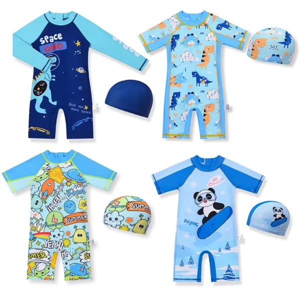 One Piece Boy Swimsuit Children Swimming Sunsuit With Hat Baby Kid Sun Protection UPF 50+ Short Long Sleeves Bathing Suits