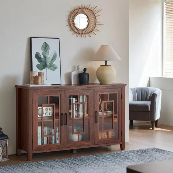 Large Sideboard Buffet Cabinet with Storage, 55" Farmhouse Brown Kitchen Coffee Wine Bar Cabinet with 4 Glass Doors