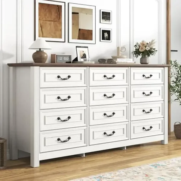 Farmhouse 12-Drawer Wood Dresser Chest Wide Bedroom Organizer Rustic Vintage White Baby Living