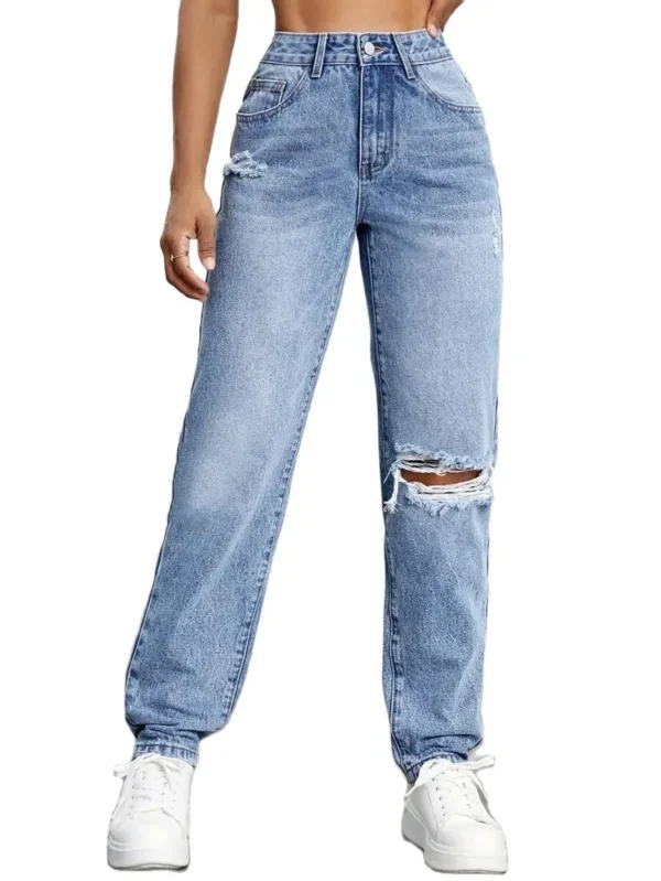 2023 Autumn New Women's High Waist Ripped Jeans Fashion Loose Slim Denim Straight Leg Pants Casual Female clothing S-2XL