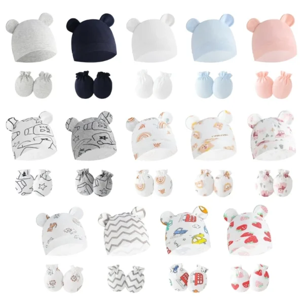 Newborn Baby Hat & Anti Scratch Gloves Set Cotton Headwear Anti-grab Mittens and Hospital Caps for Boys Girls