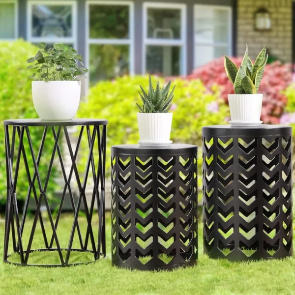 Set of 3 Black End Tables, Nesting Metal Round Coffee Table, Heavy Duty Meta Plant Stand Decorative Garden Stool