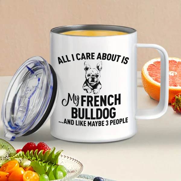 French Bulldog Lover's 12oz Stainless Steel Insulated Coffee Mug, Leakproof Lid, Perfect Holiday Gift