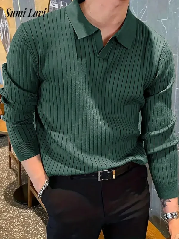 2025 Spring Autumn Casual Mens Knit Polo Shirts Long Sleeve Turn-down Collar Sweaters Men Clothing Knitted Slim Lapel Polo Tees