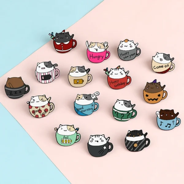 Coffee Series Brooch Cute Cup Cats Animal Enamel Pins Women Bag Clothes Lapel Pin Badge kitten Cartoon Jewelry Gift for Friends
