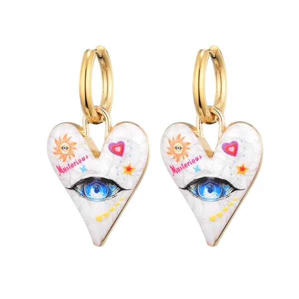 Cute Colorful Heart Eye Sun Star Pattern Stainless Steel Hoop Earrings For Women Enameled Gold Color Pendant Female Y2K Jewelry