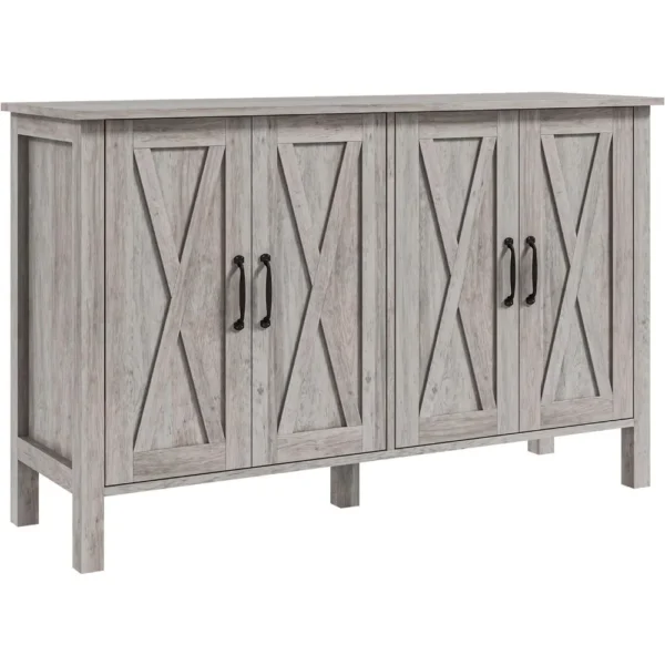 Buffet Cabinet, 47" Sideboard with 4 Barn Doors and 2 Adjustable Shelves, Farmhouse Coffee Bar Cabinet, Gray Wood Grain