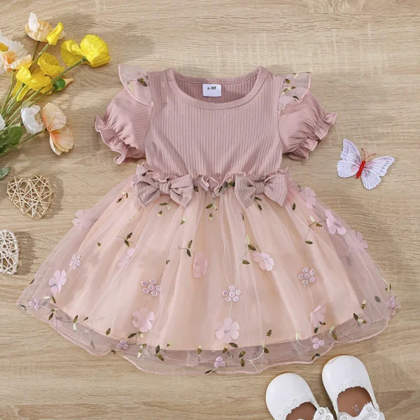 Summer Baby Girls Princess Dress 0-3Y Floral Embroidery Infant Mesh Dress Toddler Puff Sleeve Clothes Cute Girls Tulle Costume