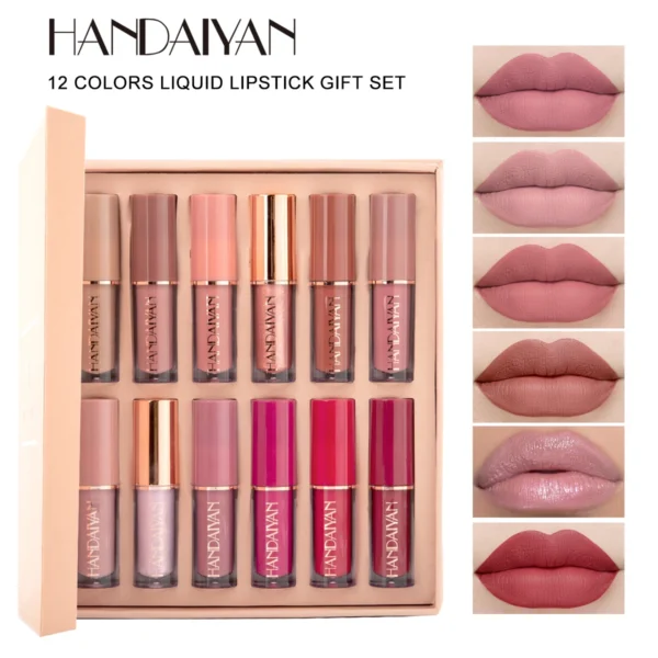 HANDAIYAN 12 Colors Book Matte Liquid Lipstick Set Non-stick Cup Waterproof Lip Gloss Women's Makeup Long-lasting Lipgloss Kits