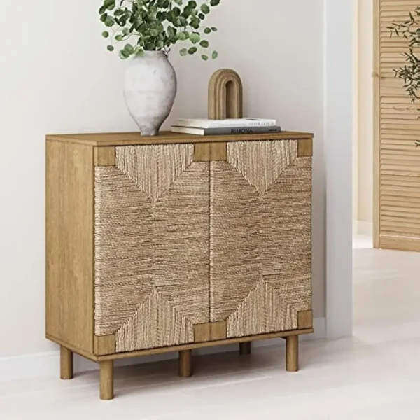 Nathan James Beacon Accent Natural Sideboard Storage Cabinet in Light Wood with Adjustable Interior Shelf and Seagrass Doors, fo