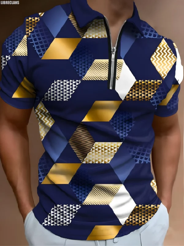 Vintage Gold Plaid Pattern 3D Printing Men's Zipper Polo Shirt Summer Fashion Short-Sleeved Top 2023 New Harajuku Streetwear