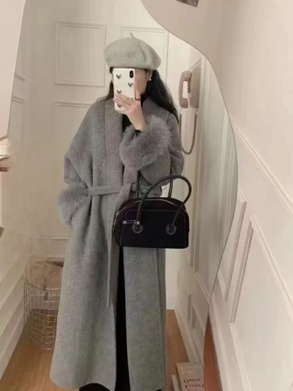 Fox Fur Sleeve Female Lady Woolen Jackets 2024 Autumn And Winter Celebrity Elegant Double-Sided Lace Up Long Women's Wool Coats