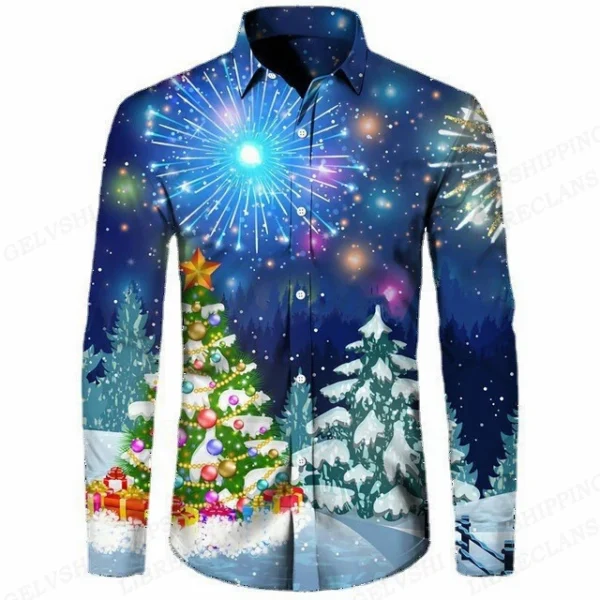 Christmas Hawaiian Shirts Christmas Tree Printed Shirts Men Fashion Shirts Long Sleeve Beach Blouse Lapel Bluoses Men's Clothing