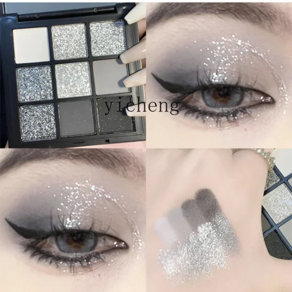 Zc Nine Colors Eye Shadow Plate Pearlescent Thin and Glittering Dark Black Metal Punk Small Smoky Makeup Black Gray