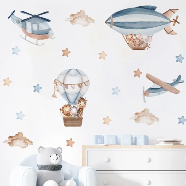 Watercolor Animals Hot Air Balloon Clouds Wall Stickers for Kids Room Baby Nursery Room Wall Decals Boy Room Stickers Wall Decal