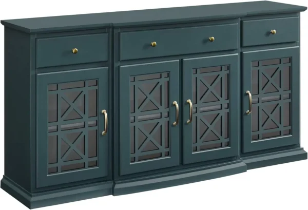 Walker Edison modern wood and glass door buffet sideboard, 60" dark teal serving cabinet for living room or dining room.