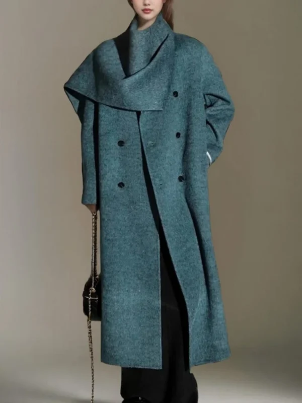 Large Scarf Lady Woolen Vicugna Jackets 2024 Autumn And Winter Double Breasted Loose Lace Up Long Women's Wool Coats Outerwear