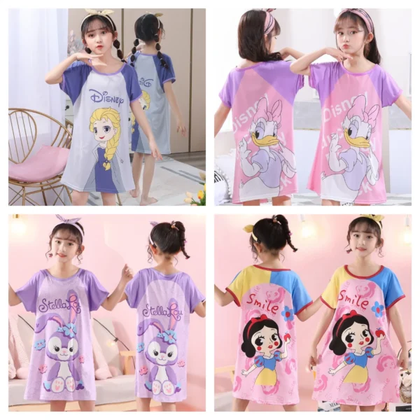 New Summer Dress Girls Nightdress Elsa Cartoon Clothes Pajamas Children's Clothing ShortSleeve Pajamas Dress