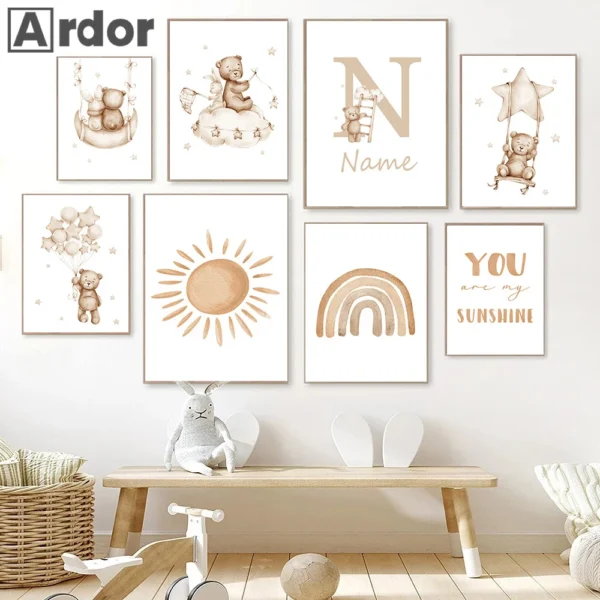 Boho Nursery Wall Art Personalized Baby Name Poster And Prints Bear Rainbow Sun PaintingCanvas Customize Kids Room Picture Art