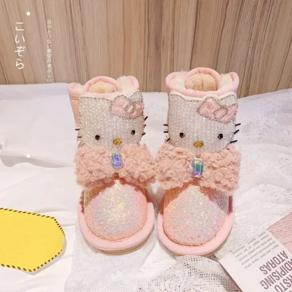 Sanrios Child Short Boots Hello Kittys Winter New Rhinestones Bow Tie Girl Fashion Velvet Keep Warm Soft Bottom Cotton Shoes